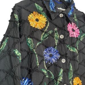 Vintage Roaman's Black Jacket Vibrant Floral Embroidery Yellow Blue Pink Large